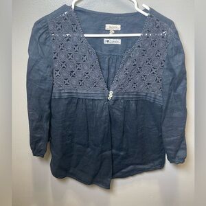 Malvin Women's Navy Linen Crochet Smocked‎ 3/4 Sleeve Blouse Top Size XS